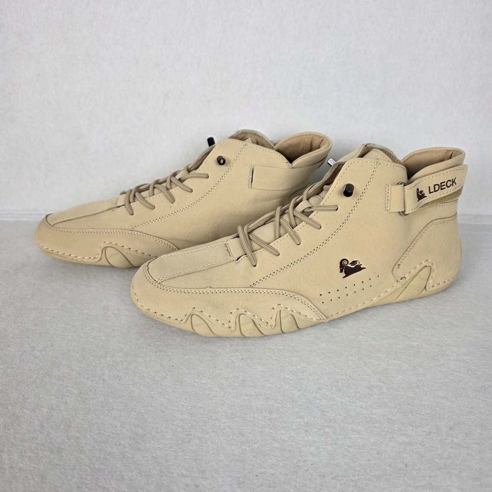 LDECK Mens Tan Leather High Top Shoes Sneakers Size 48 Beige Ankle Strap